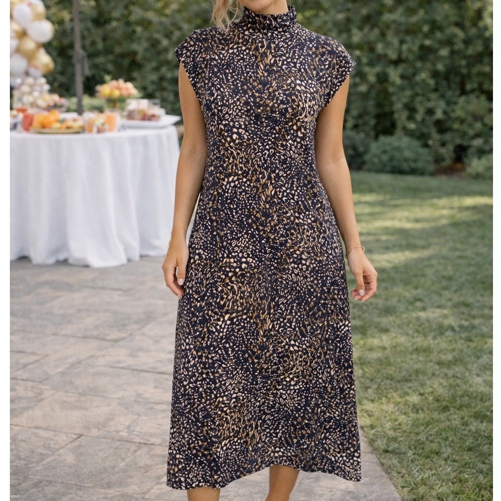 Garnet Hill Animal Print Tencel Maxi Dress‎ Mock Neck Sleeveless S RN102816 Q1